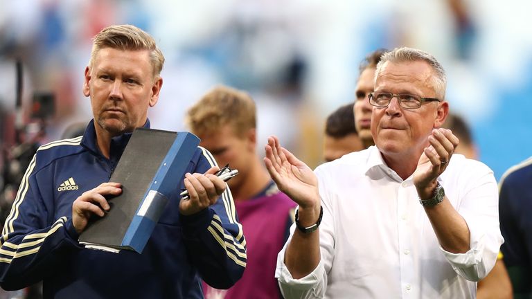 Janne Andersson (right) applauds the Sweden fans after the match