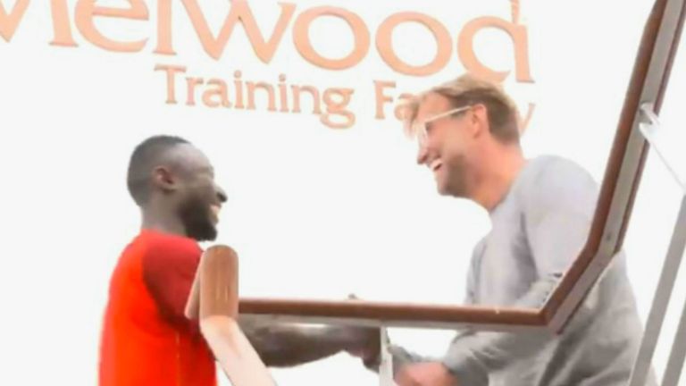 Jurgen Klopp welcomes Naby Keita to Liverpool's training ground at Melwood