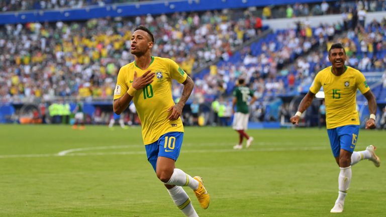 Neymar celebrates after putting Brazil 1-0 up in the last-16 match against Mexico