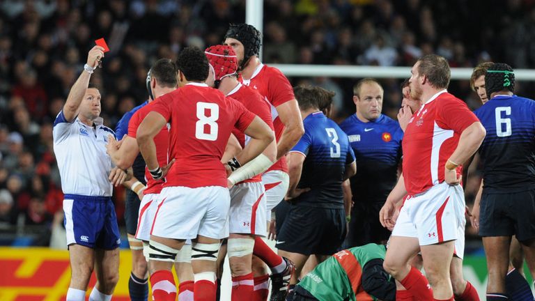 Referee Alain Rolland shows Warburton a red card 18 minutes into Wales' 2011 World Cup semi-final