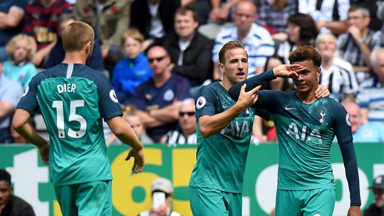 Dele Alli celebrates after putting Tottenham 2-1 up against Newcastle