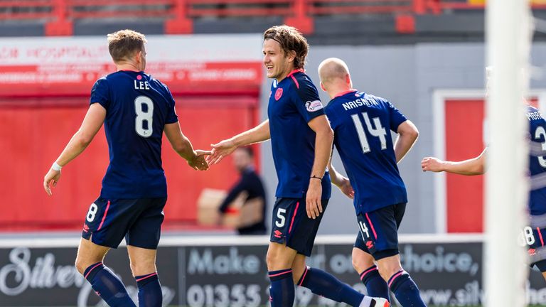 Peter Haring celebrates after scoring to make it 3-1 to Hearts against Hamilton last weekend