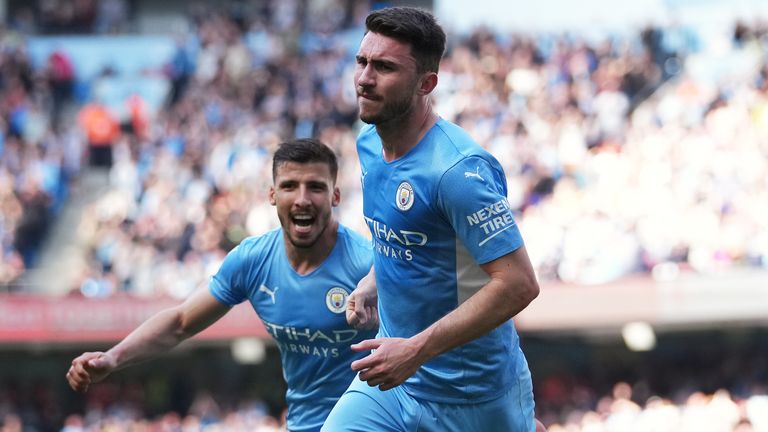 Aymeric Laporte celebrates after putting Man City 2-0 up against Newcastle