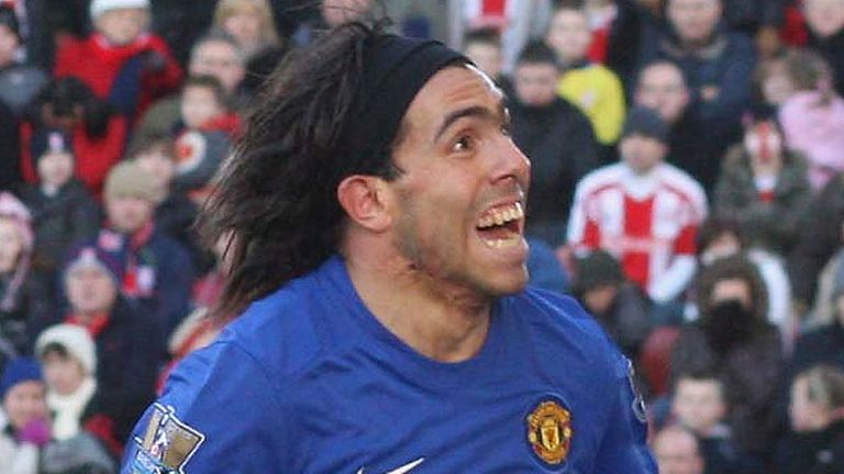 83rd minute: Carlos Tevez celebrates scoring for Manchester United.