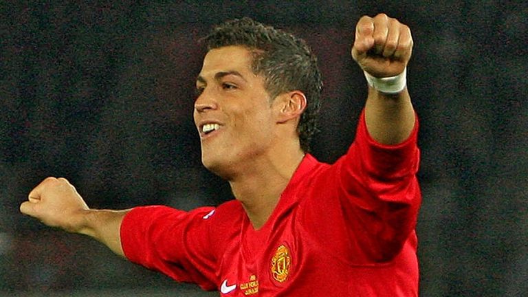 Cristiano Ronaldo celebrates Manchester United's second goal.