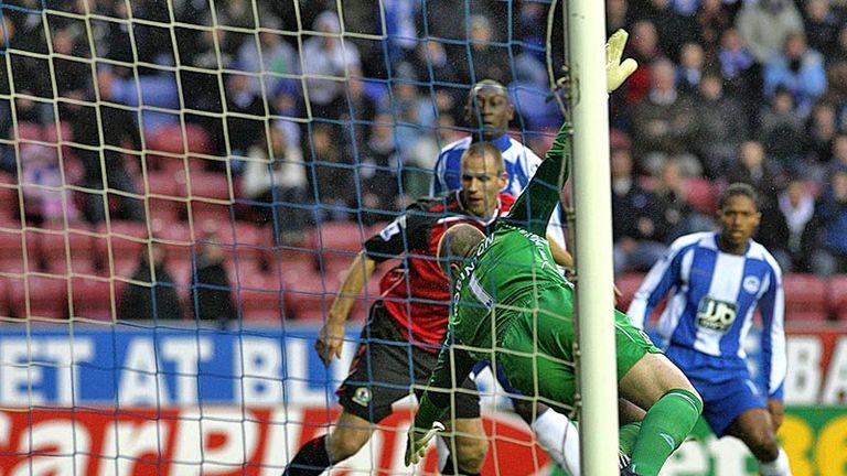 Emile Heskey opens the scoring for Wigan at the JJB.