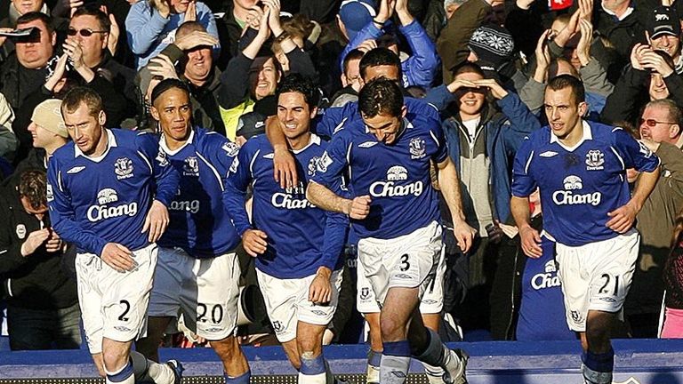 10th minute: Mike Arteta celebrates opening scoring for Everton.