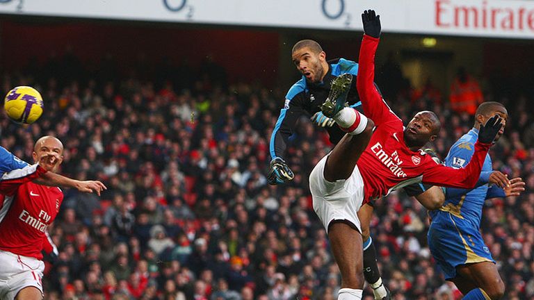 Gallas wins the aerial battle with David James to score Arsenals first.