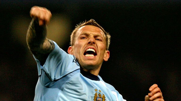 77th minute: Craig Bellamy celebrates scoring Man Citys second goal.