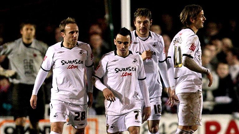 22nd minute: Swansea celebrate after Pintados opener.