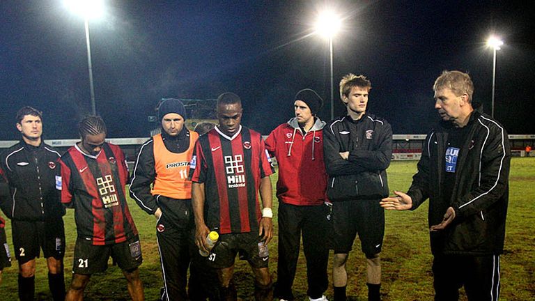Histon coach Steve Fallon talks to his side after their third round exit.