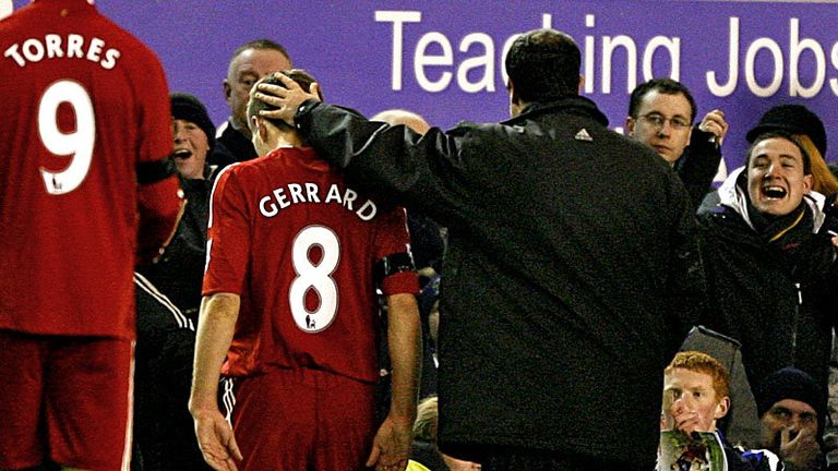 16th minute: Steven Gerrard is substituted after picking up an injury much to the Everton supporters pleasure.