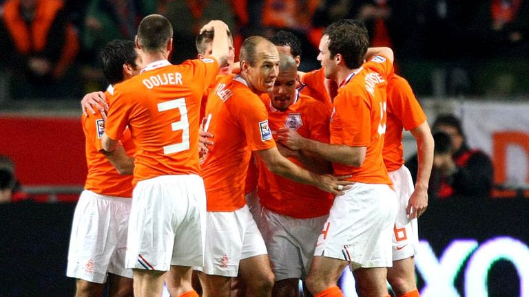 30th minute: Holland celebrate after Jan-Huntelaar scores the opener.