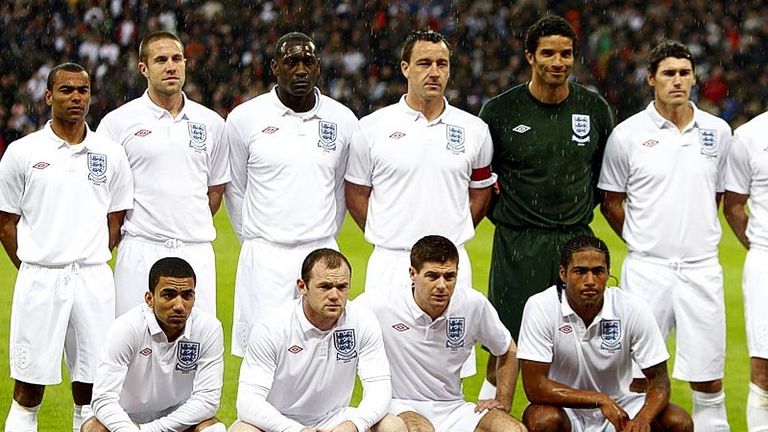 England line up in their new home shirt before the match at Wembley.