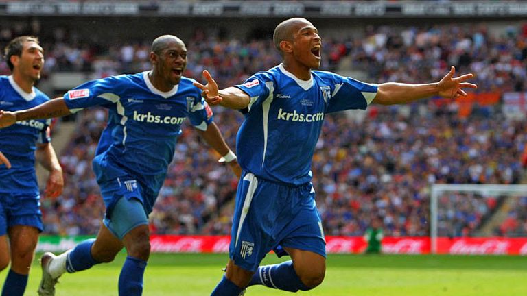 Simeon Jackson celebrates after scoring for Gillingham in the play off final.