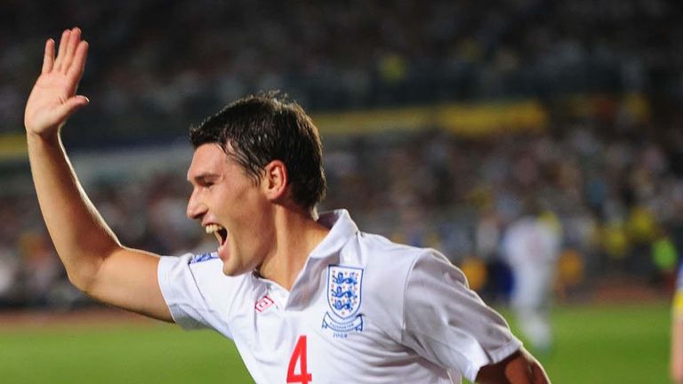 Gareth Barry celebrates after heading England into the lead.