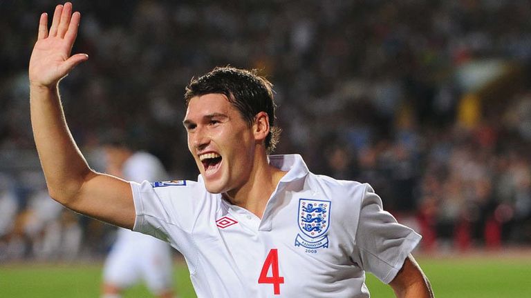Gareth Barry celebrates after heading England into the lead.