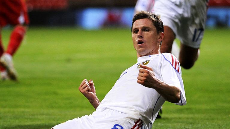 36th minute: Igor Semshov celebrates a clinical finish that puts Russia ahead.
