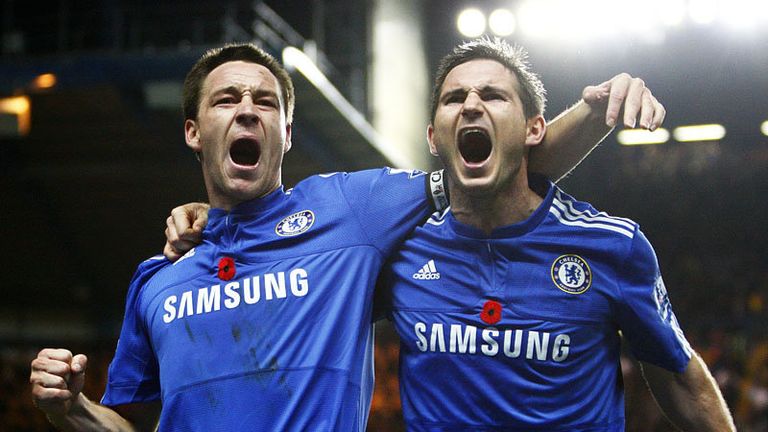 John Terry celebrates with Frank Lampard after scoring for Chelsea