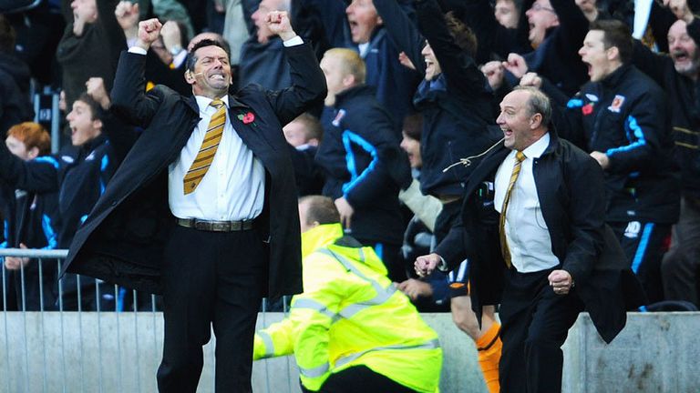 Phil Brown jumps with joy as Hull take three points in the final minute