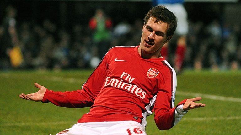 Ramsey celebrates after scoring a well taken goal 