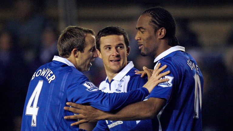 Lee Bowyer and Barry Ferguson congratulate Cameron Jerome after he notches Birminghams second shortly after the interval.