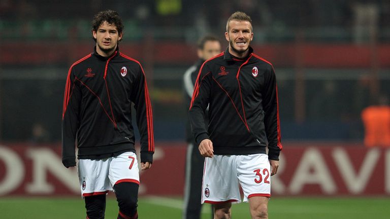 David Beckham and Pato warm up before the Champions League clash with Man Utd