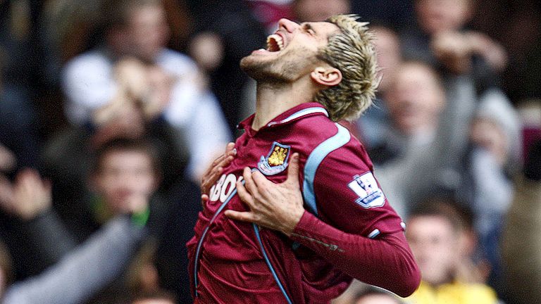 Valon Behrami celebrates putting West Ham in front in the bottom of the table clash with Hull