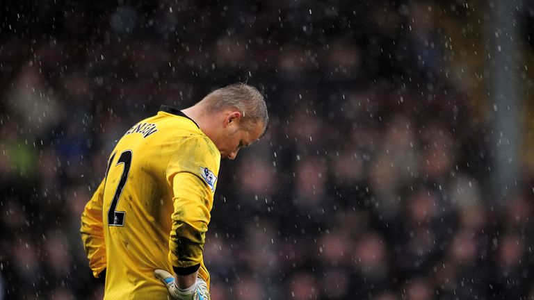 A rough day at the office for Burnley goalkeeper Brian Jensen as he and his team-mates suffer a 6-1 thrashing.