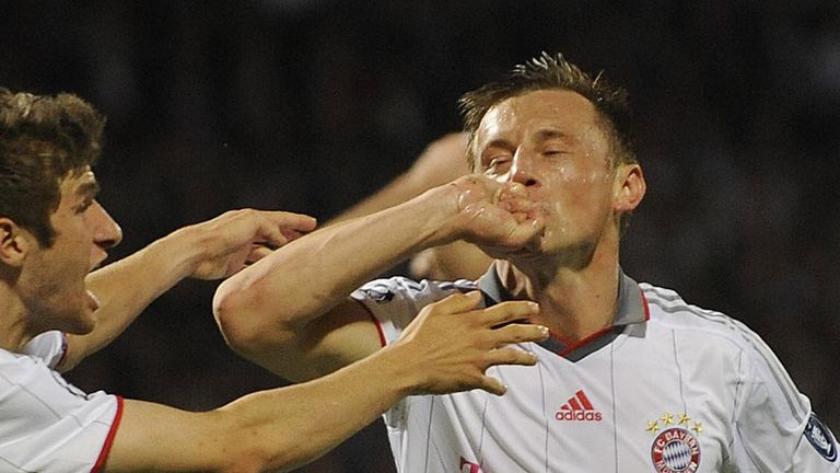 Ivica Olic celebrates giving Bayern the lead in the 26th minute after a clever turn to lose Aly Cissokho