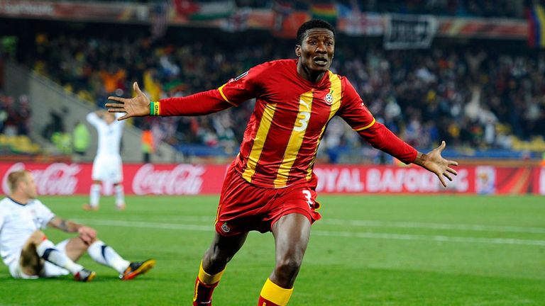 Asamoah Gyan celebrates scoring Ghanas extra-time goal to put them ahead