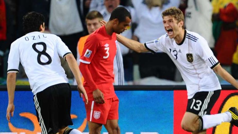 Thomas Muller celebrates his first goal against England.
