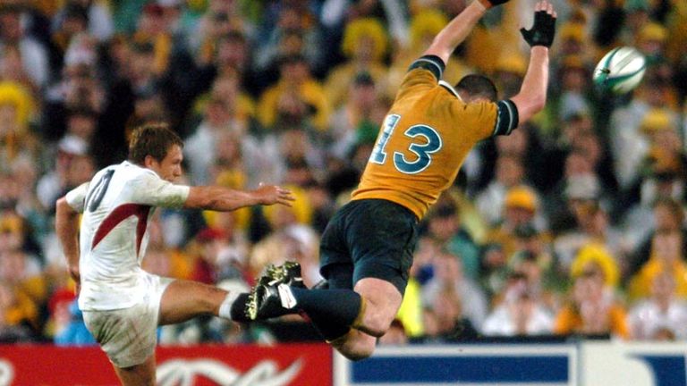 That kick: Jonny Wilkinson wins the World Cup for England with a spectacular drop goal, making the score 20-17 in extra-time