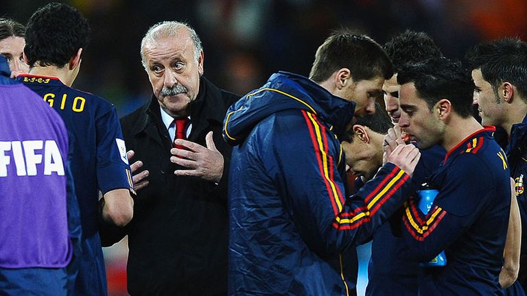 Vicente del Bosque talks to his players as the game goes into extra-time