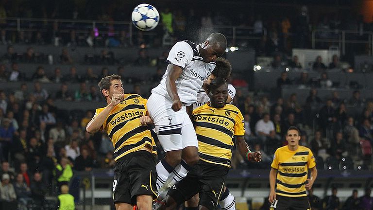 Sebastien Bassong heads a consolation goal for Spurs just before half-time
