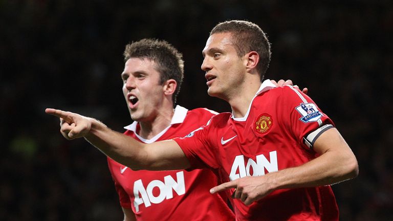 Manchester United Nemanja Vidic celebrates opening the scoring in the 31st minute