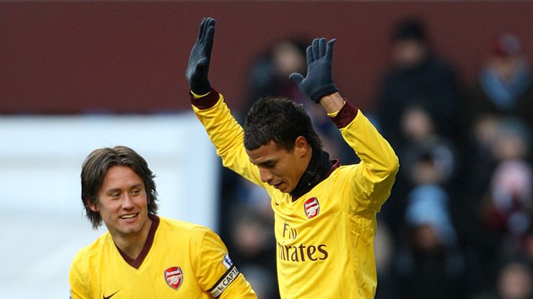 Marouane Chamakh celebrates Arsenals third goal at Villa Park