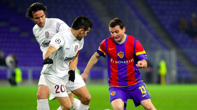 Basel hero Federico Almerares battles against the Cluj defence