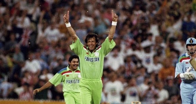 Imran Khan celebrates as Pakistan beat England in their last World Cup final appearance in 1992