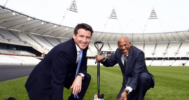 Sebastian Coe and Frankie Fredericks at the Olympic stadium in London