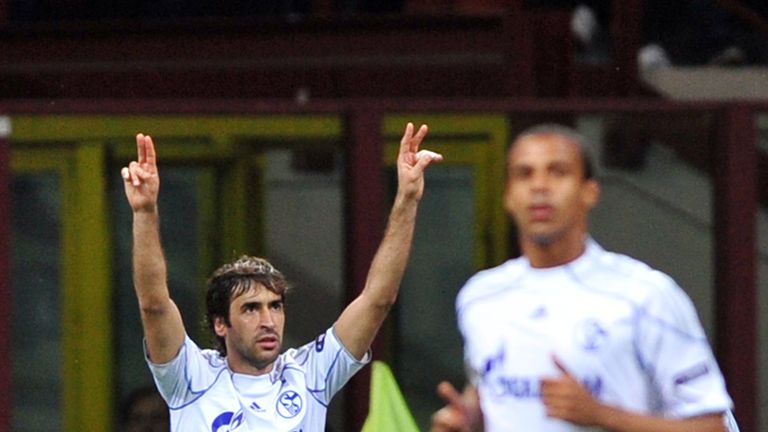 Champions League legend Raul celebrates putting Schalke 3-2 in front.