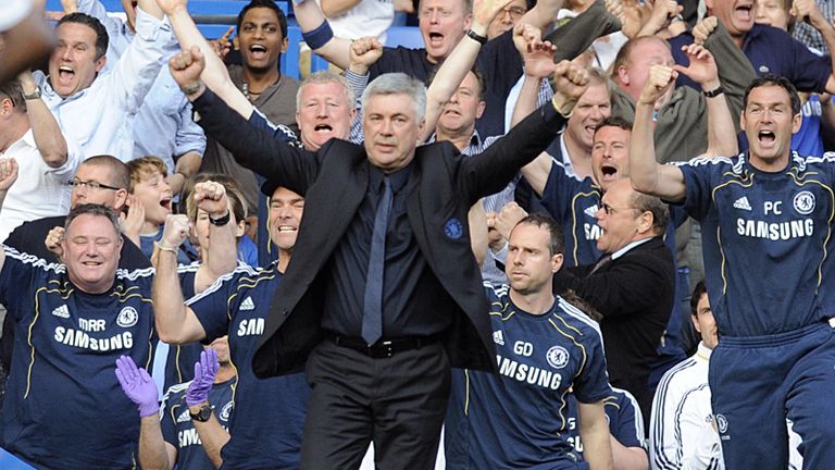 Chelsea boss Carlo Ancelotti celebrates Salomon Kalous late winner against Tottenham which keeps his side in the title hunt