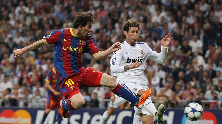 Lionel Messi gets a toe on a cross from Ibrahim Afellay