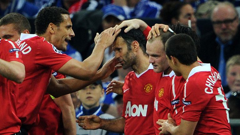 Ryan Giggs is congratulated by his team-mates after scoring the opener