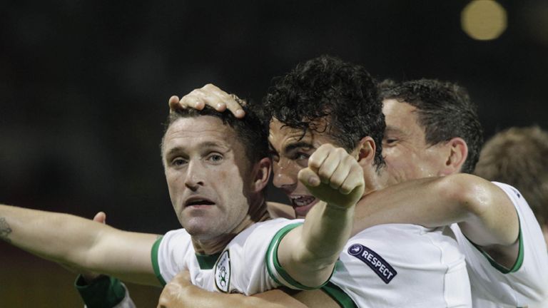 Robbie Keane celebrates scoring his second goal in the win over Macedonia