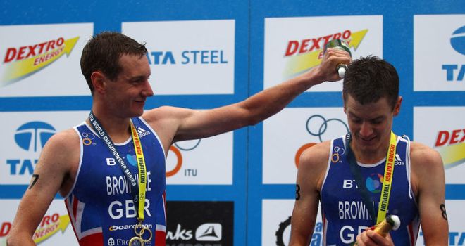 Alastair (L) and Jonathan celebrate their success at the World Championship Series in London