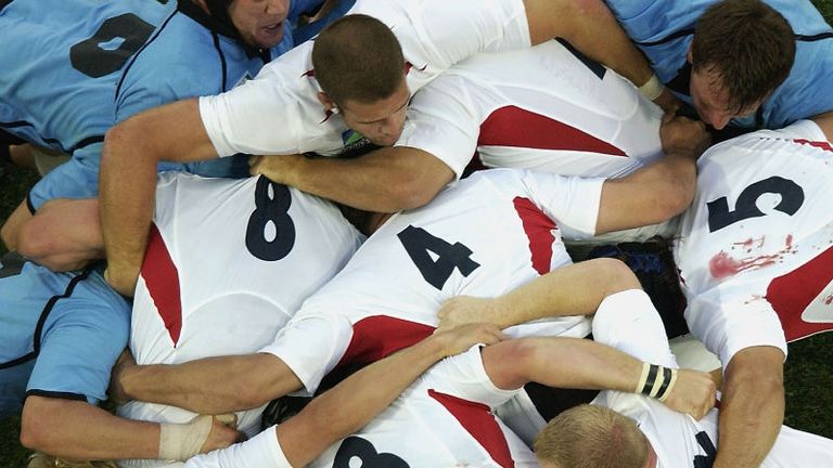 The English maul powers through the Uruguay defence, as Wilkinson and Co hit triple figures with a 111-13 win