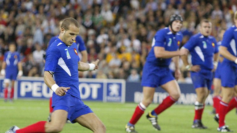 Fly-half Frederik Michalik kicks towards goal against Fiji, proving his skill with the boot by scoring 26 points in France's 61-18 triumph