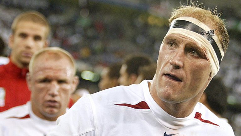 Number Eight Lawrence Dallaglio looks concerned after England barely scrape a 30-22 win over Samoa
