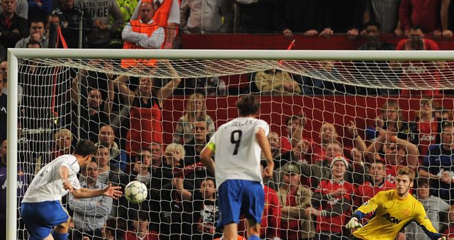 Alexander Frei nets a penalty at Old Trafford. His battle with Nemanja Vidic will be key again
